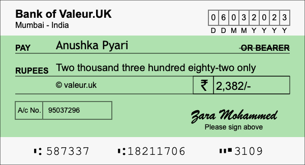 How to write a cheque for 2,382 rupees