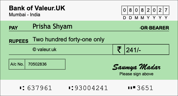 How to write a cheque for 241 rupees