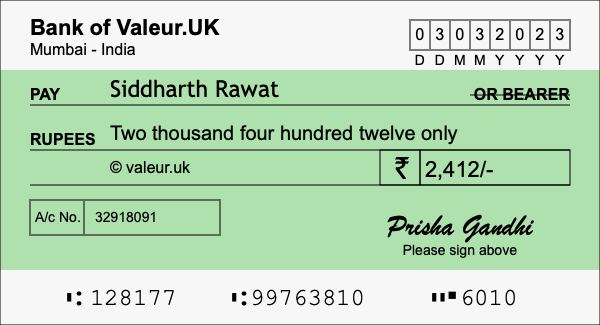 How to write a cheque for 2,412 rupees