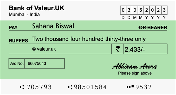 How to write a cheque for 2,433 rupees