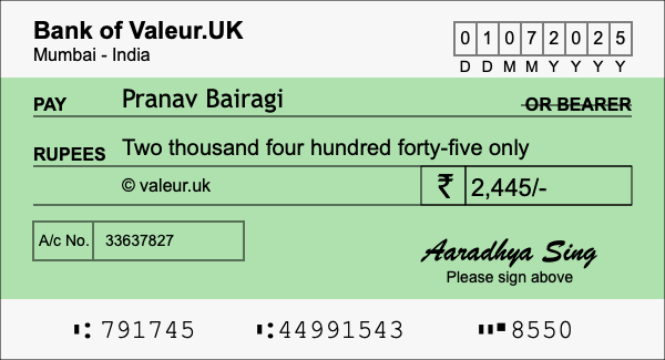 How to write a cheque for 2,445 rupees