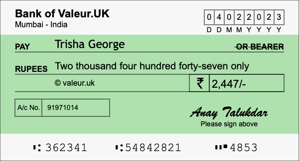 How to write a cheque for 2,447 rupees