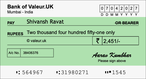 How to write a cheque for 2,451 rupees