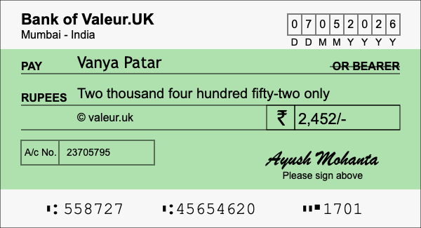 How to write a cheque for 2,452 rupees