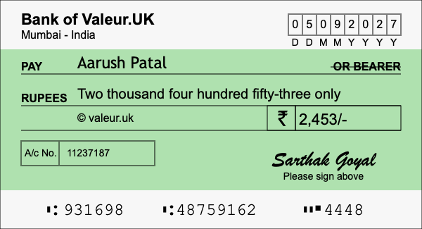 How to write a cheque for 2,453 rupees