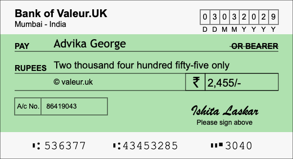 How to write a cheque for 2,455 rupees