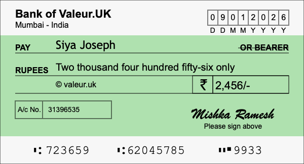 How to write a cheque for 2,456 rupees