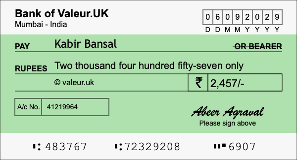 How to write a cheque for 2,457 rupees