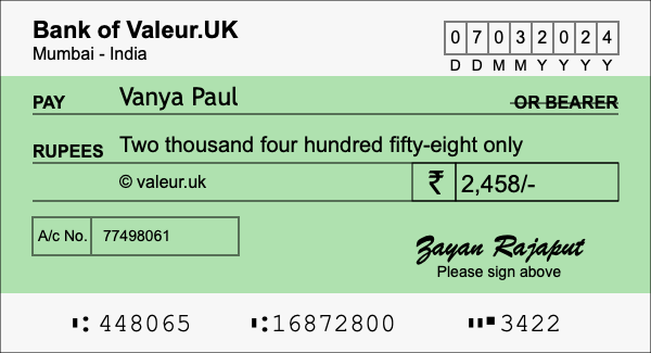 How to write a cheque for 2,458 rupees