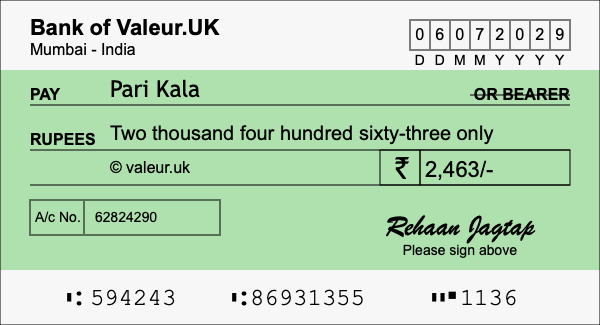 How to write a cheque for 2,463 rupees