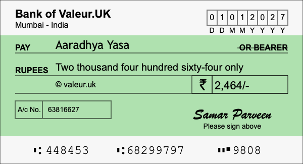 How to write a cheque for 2,464 rupees