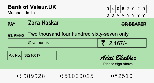 How to write a cheque for 2,467 rupees