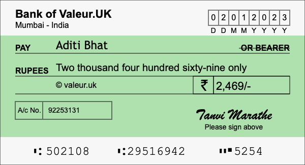 How to write a cheque for 2,469 rupees