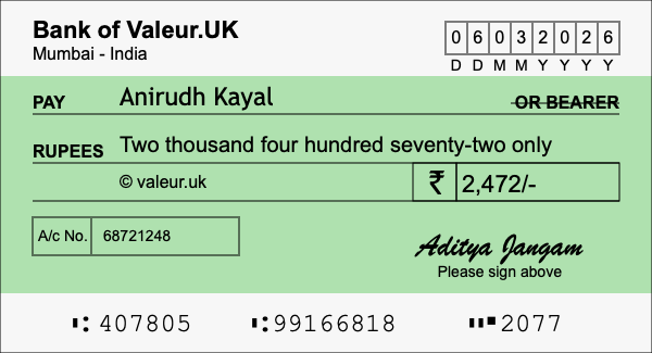 How to write a cheque for 2,472 rupees