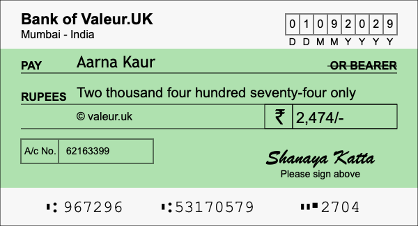 How to write a cheque for 2,474 rupees