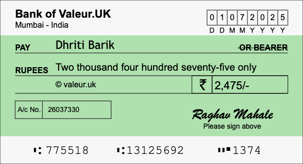 How to write a cheque for 2,475 rupees