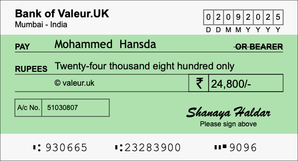 How to write a cheque for 24,800 rupees How to write a cheque for 24,800 rupees