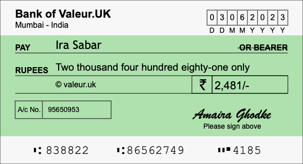 How to write a cheque for 2,481 rupees