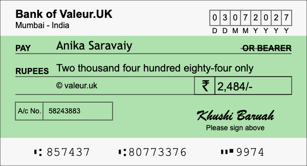 How to write a cheque for 2,484 rupees