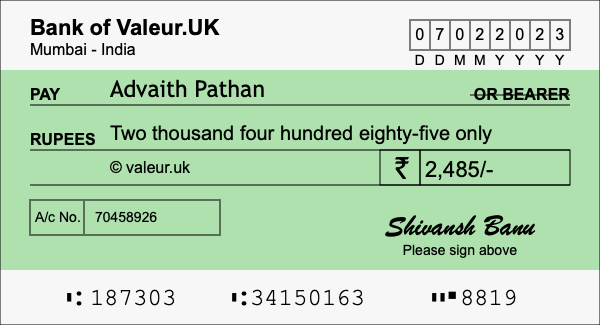 How to write a cheque for 2,485 rupees