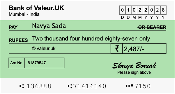 How to write a cheque for 2,487 rupees