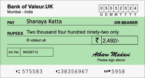 How to write a cheque for 2,492 rupees