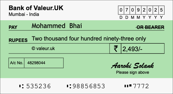 How to write a cheque for 2,493 rupees