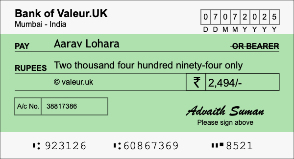 How to write a cheque for 2,494 rupees