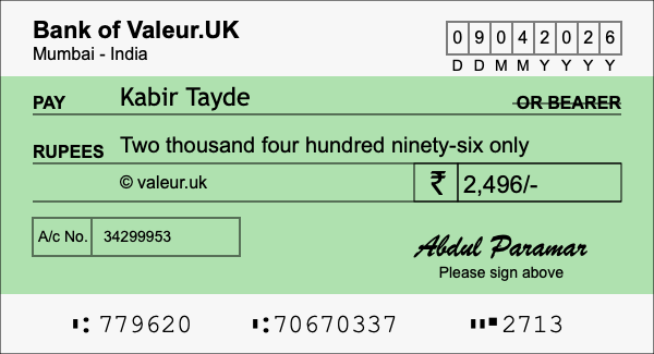 How to write a cheque for 2,496 rupees