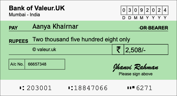 How to write a cheque for 2,508 rupees