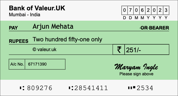 How to write a cheque for 251 rupees