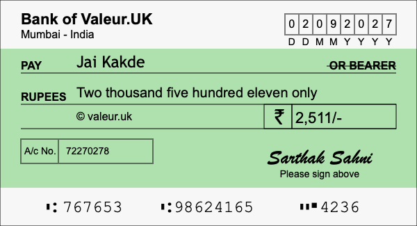 How to write a cheque for 2,511 rupees