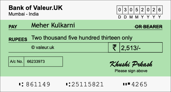 How to write a cheque for 2,513 rupees