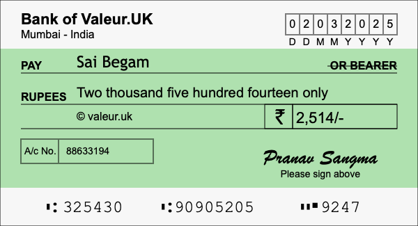 How to write a cheque for 2,514 rupees