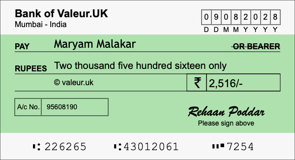 How to write a cheque for 2,516 rupees