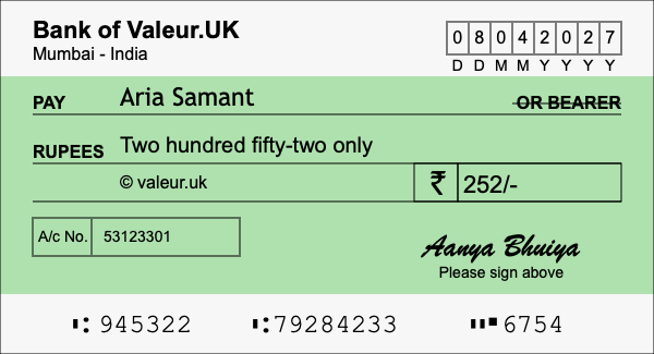 How to write a cheque for 252 rupees