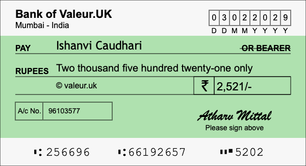 How to write a cheque for 2,521 rupees