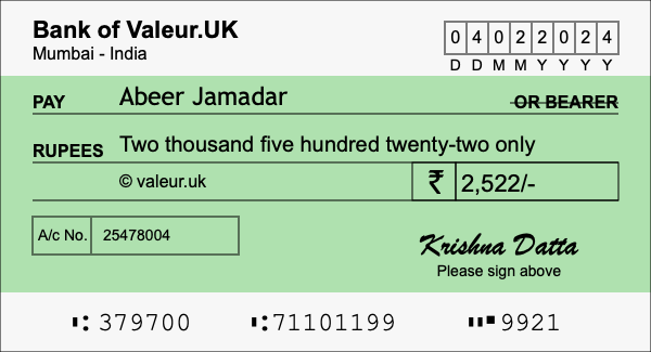 How to write a cheque for 2,522 rupees