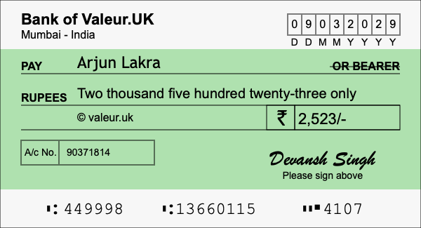 How to write a cheque for 2,523 rupees