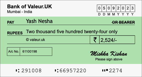 How to write a cheque for 2,524 rupees