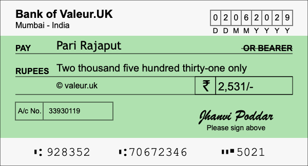 How to write a cheque for 2,531 rupees