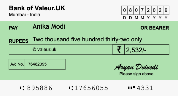 How to write a cheque for 2,532 rupees