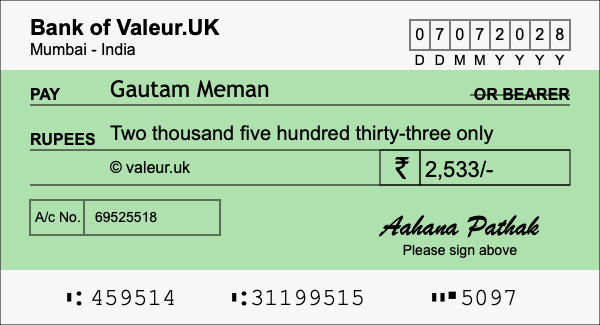 How to write a cheque for 2,533 rupees