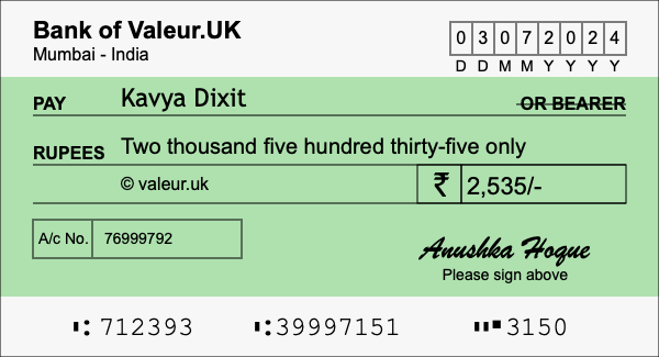 How to write a cheque for 2,535 rupees