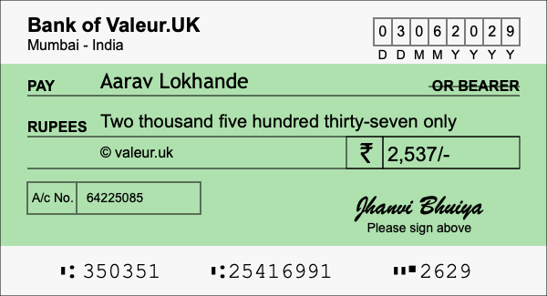 How to write a cheque for 2,537 rupees