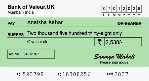 How to write a cheque for 2,538 rupees