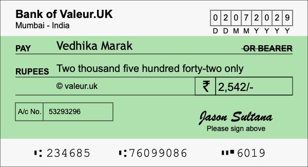 How to write a cheque for 2,542 rupees