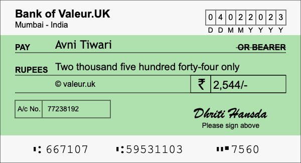 How to write a cheque for 2,544 rupees