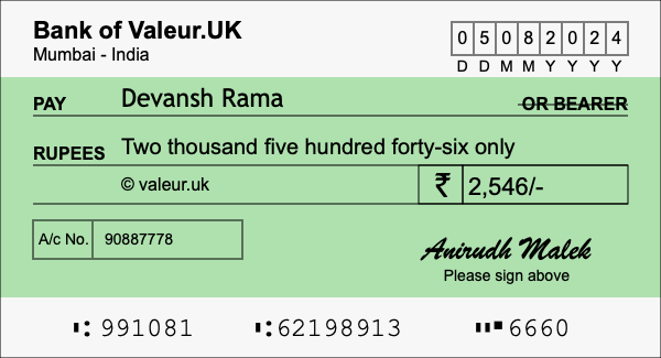 How to write a cheque for 2,546 rupees