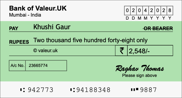 How to write a cheque for 2,548 rupees